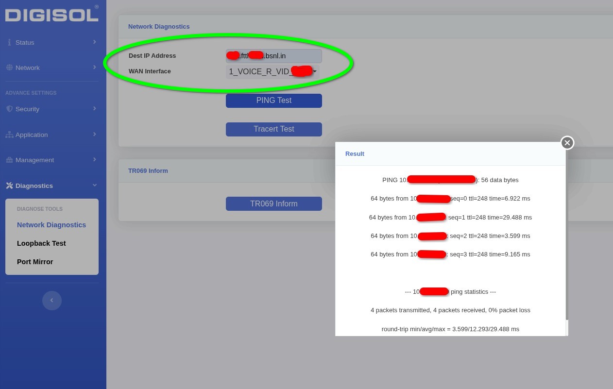 Ping test on Router / ONT