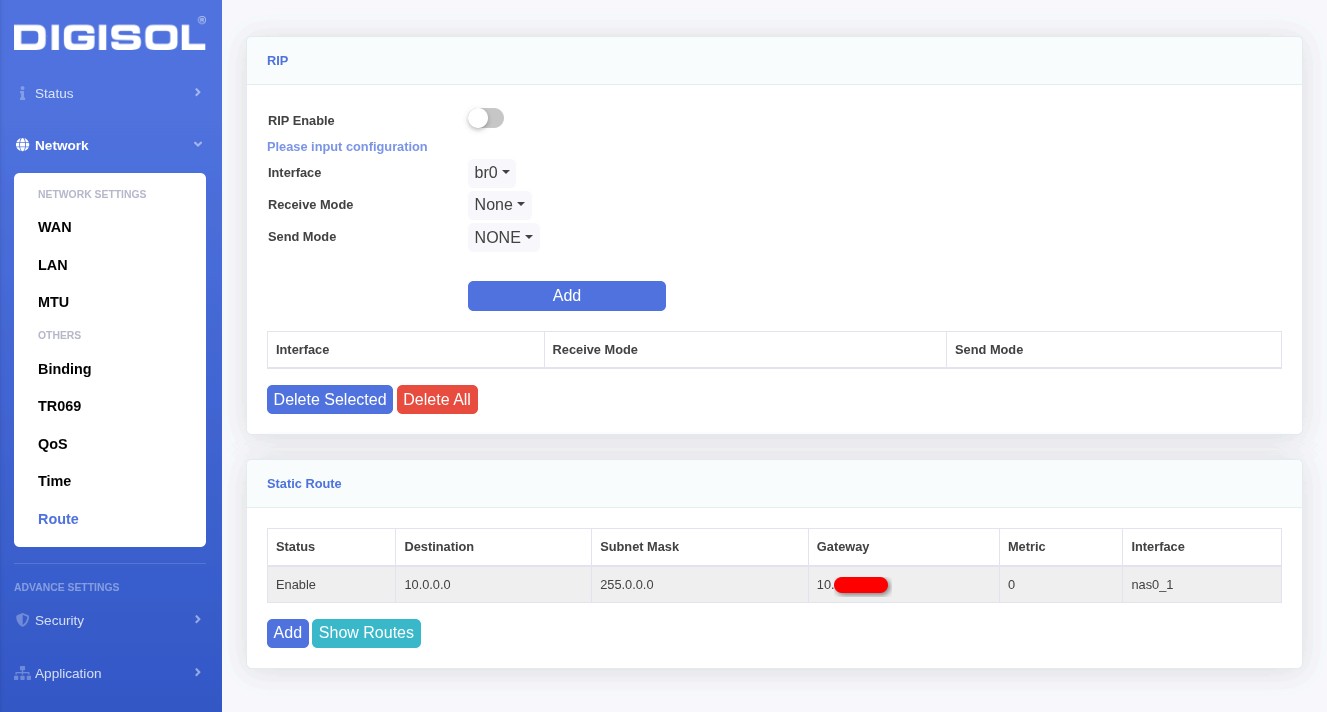 Static Routing page page